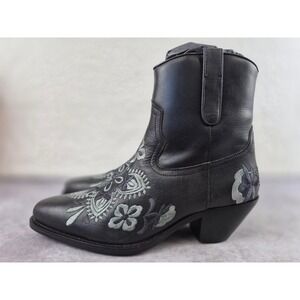 Black Embroidered Western Ankle Boots - Women's